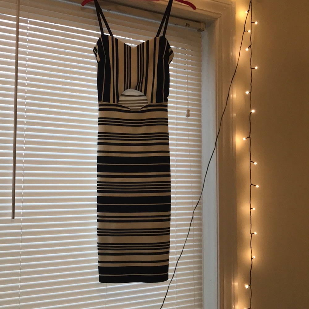 Black Shite Striped Cutout Cocktail Dress